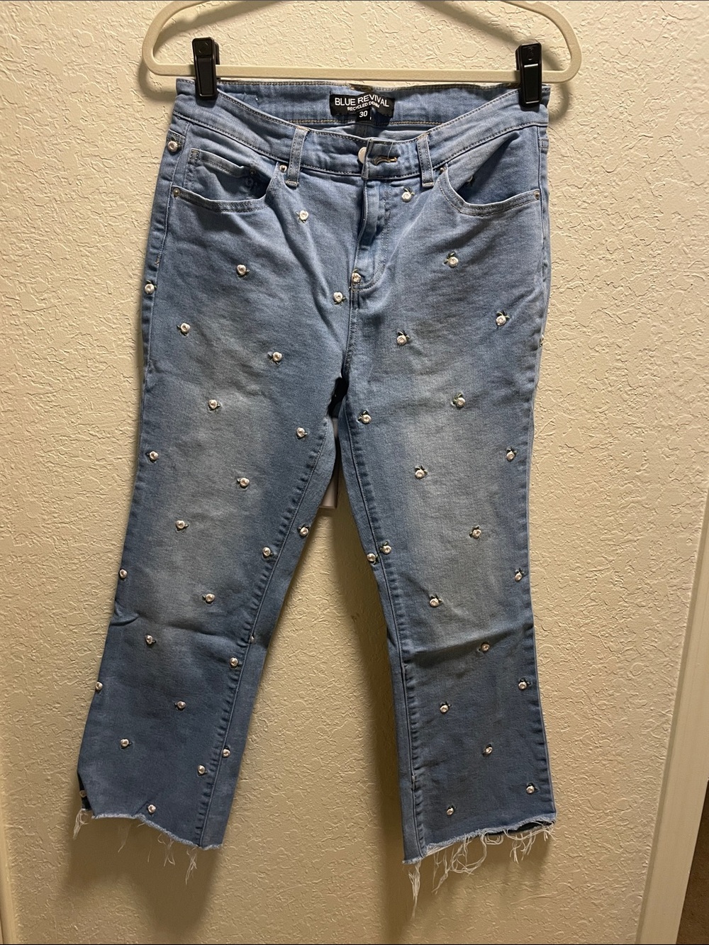 Blue Revival Light Blue Cropped Jeans with Pearl Accents